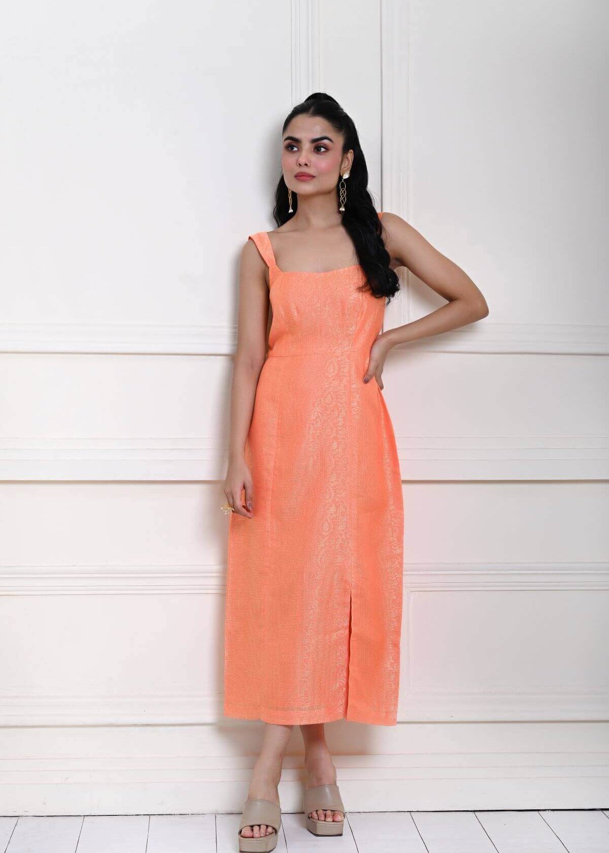 Light Orange Sleeveless Self Printed Midi Dress with Side Slit