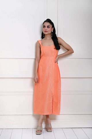 Light Orange Sleeveless Self Printed Midi Dress with Side Slit