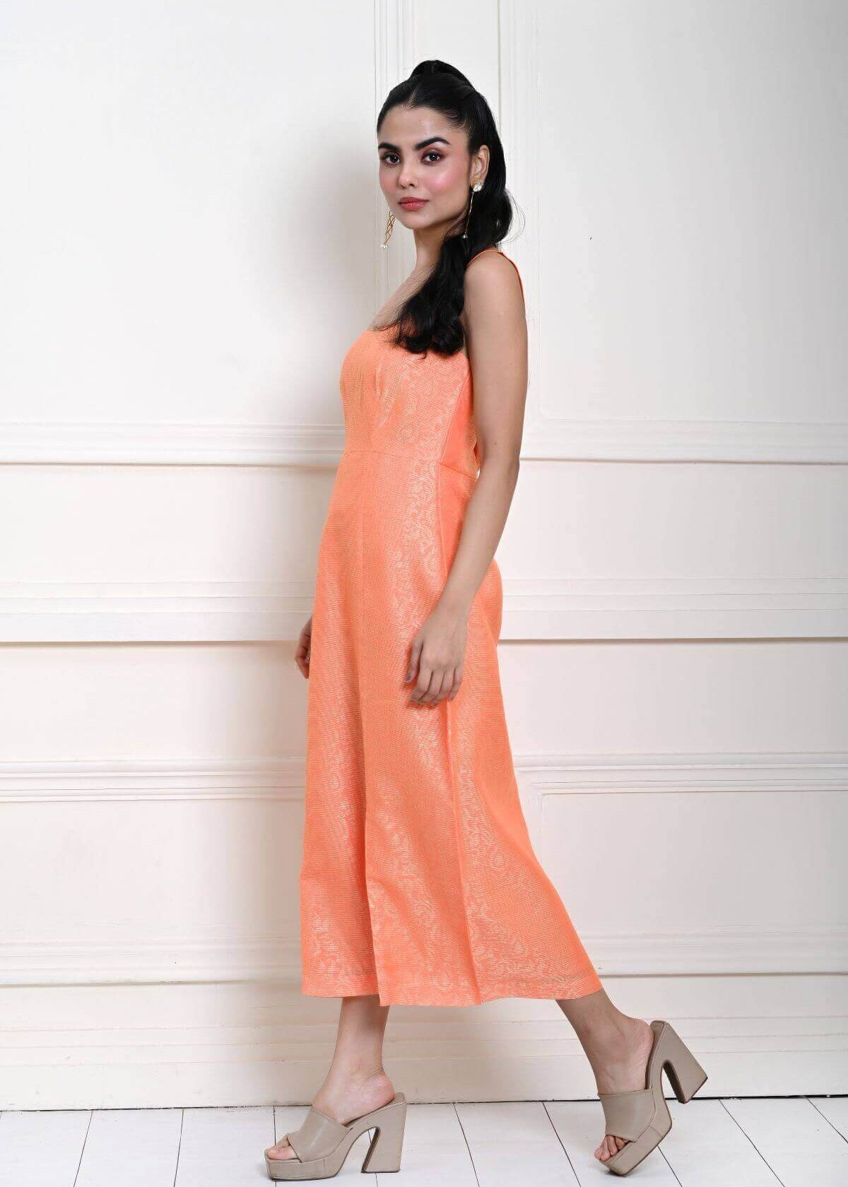 Light Orange Sleeveless Self Printed Midi Dress with Side Slit