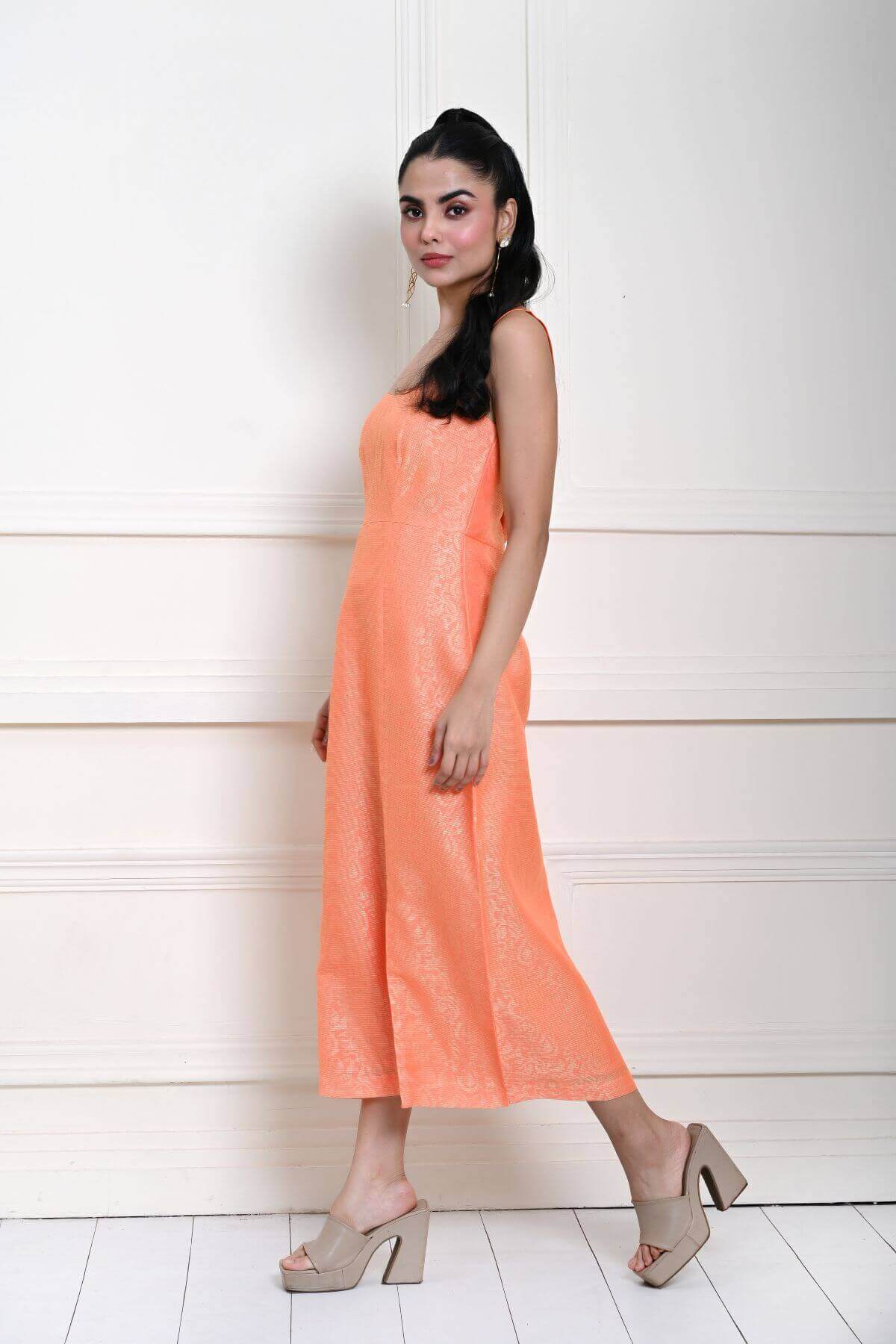 Light Orange Sleeveless Self Printed Midi Dress with Side Slit