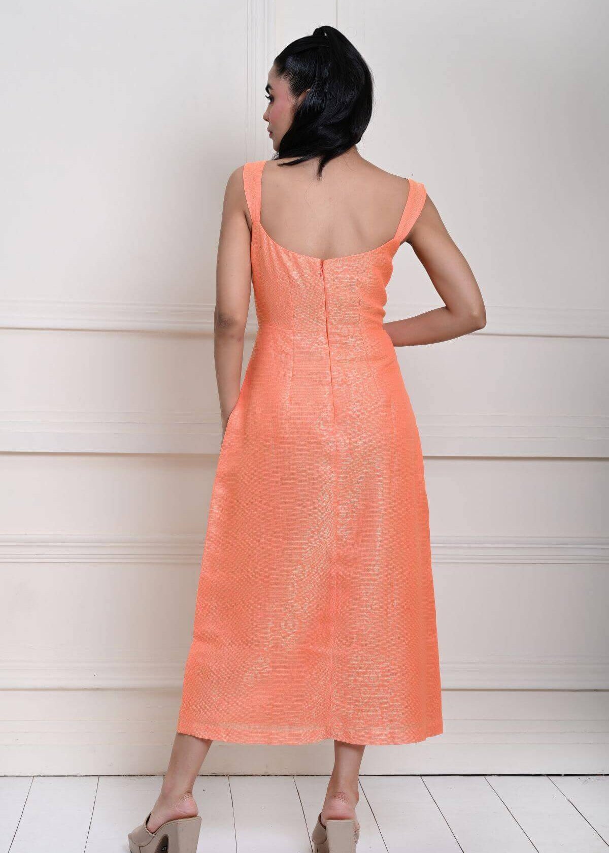 Light Orange Sleeveless Self Printed Midi Dress with Side Slit