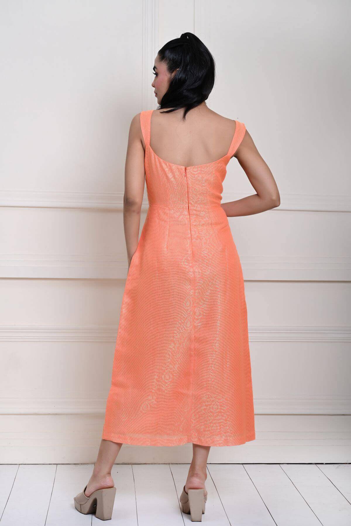 Light Orange Sleeveless Self Printed Midi Dress with Side Slit