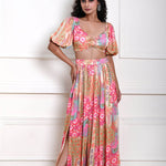 Multicolor Crop Top and Skirt with Side-Slit in Satin Silk