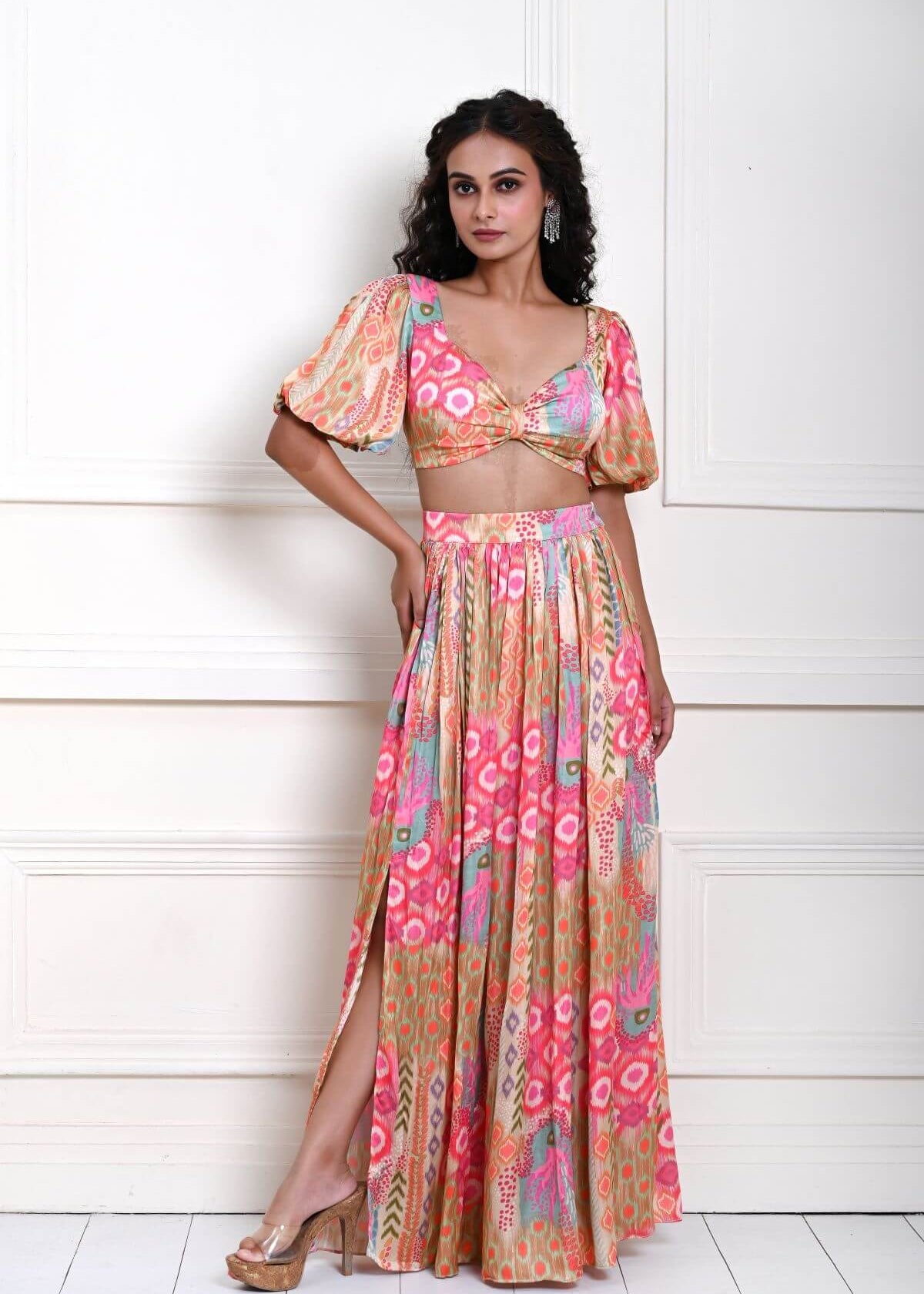 Multicolor Crop Top and Skirt with Side-Slit in Satin Silk