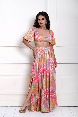 Multicolor Crop Top and Skirt with Side-Slit in Satin Silk