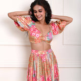 Multicolor Crop Top and Skirt with Side-Slit in Satin Silk