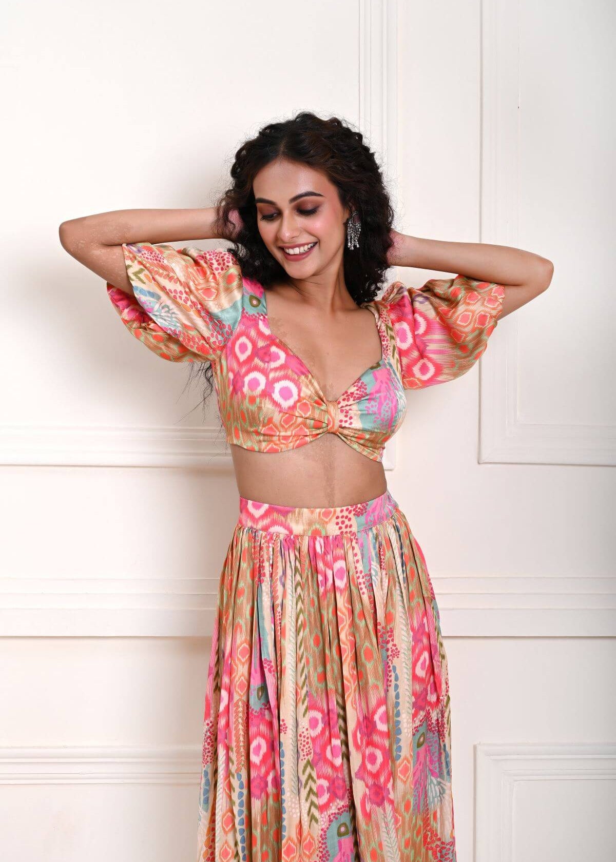 Multicolor Crop Top and Skirt with Side-Slit in Satin Silk