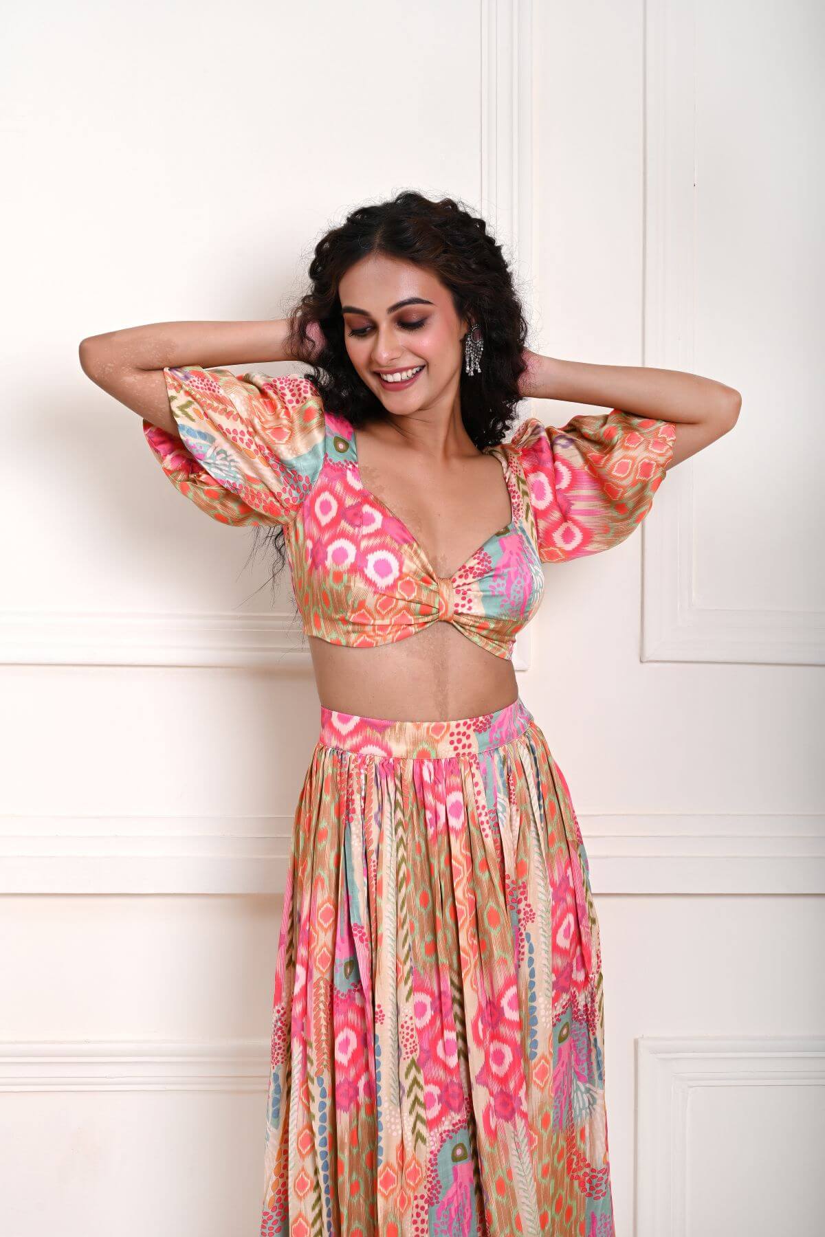 Multicolor Crop Top and Skirt with Side-Slit in Satin Silk