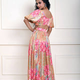 Multicolor Crop Top and Skirt with Side-Slit in Satin Silk