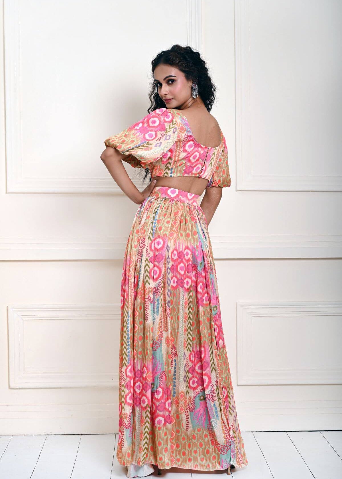 Multicolor Crop Top and Skirt with Side-Slit in Satin Silk