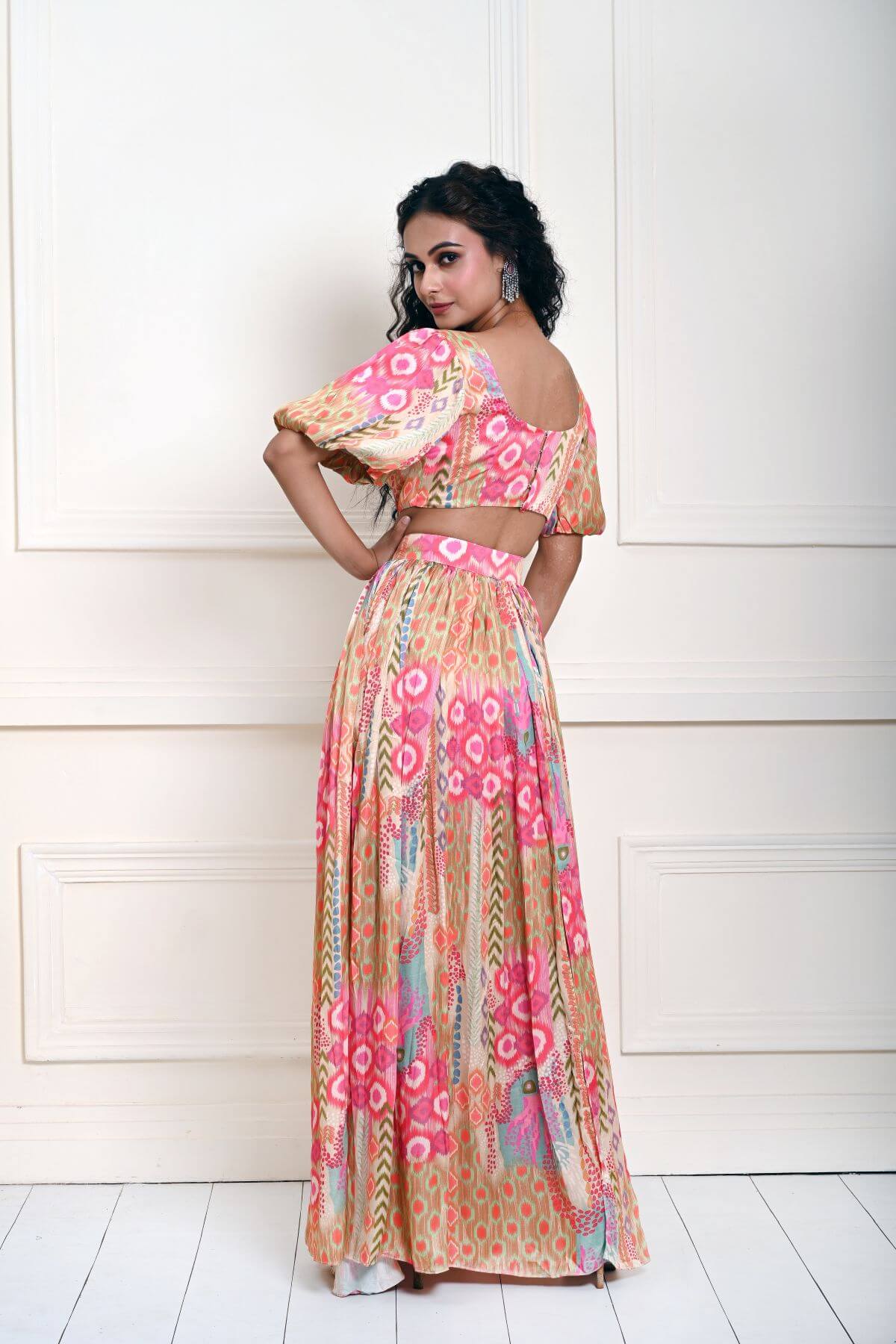 Multicolor Crop Top and Skirt with Side-Slit in Satin Silk