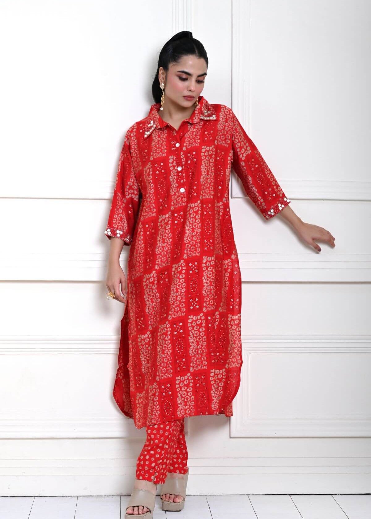 Red Cotton Printed Kurti Set