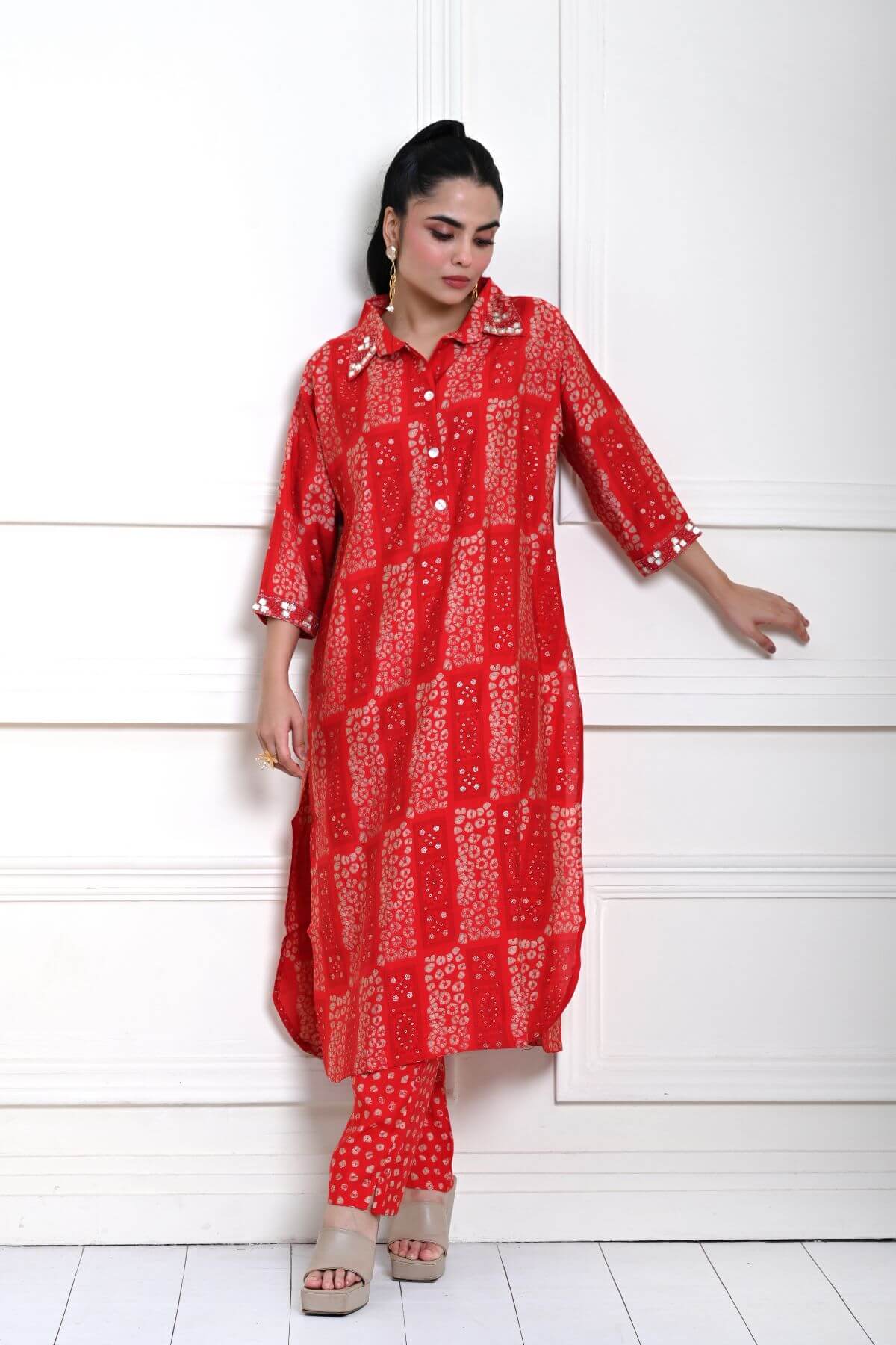 Red Cotton Printed Kurti Set