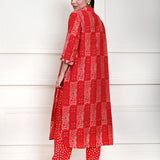 Red Cotton Printed Kurti Set