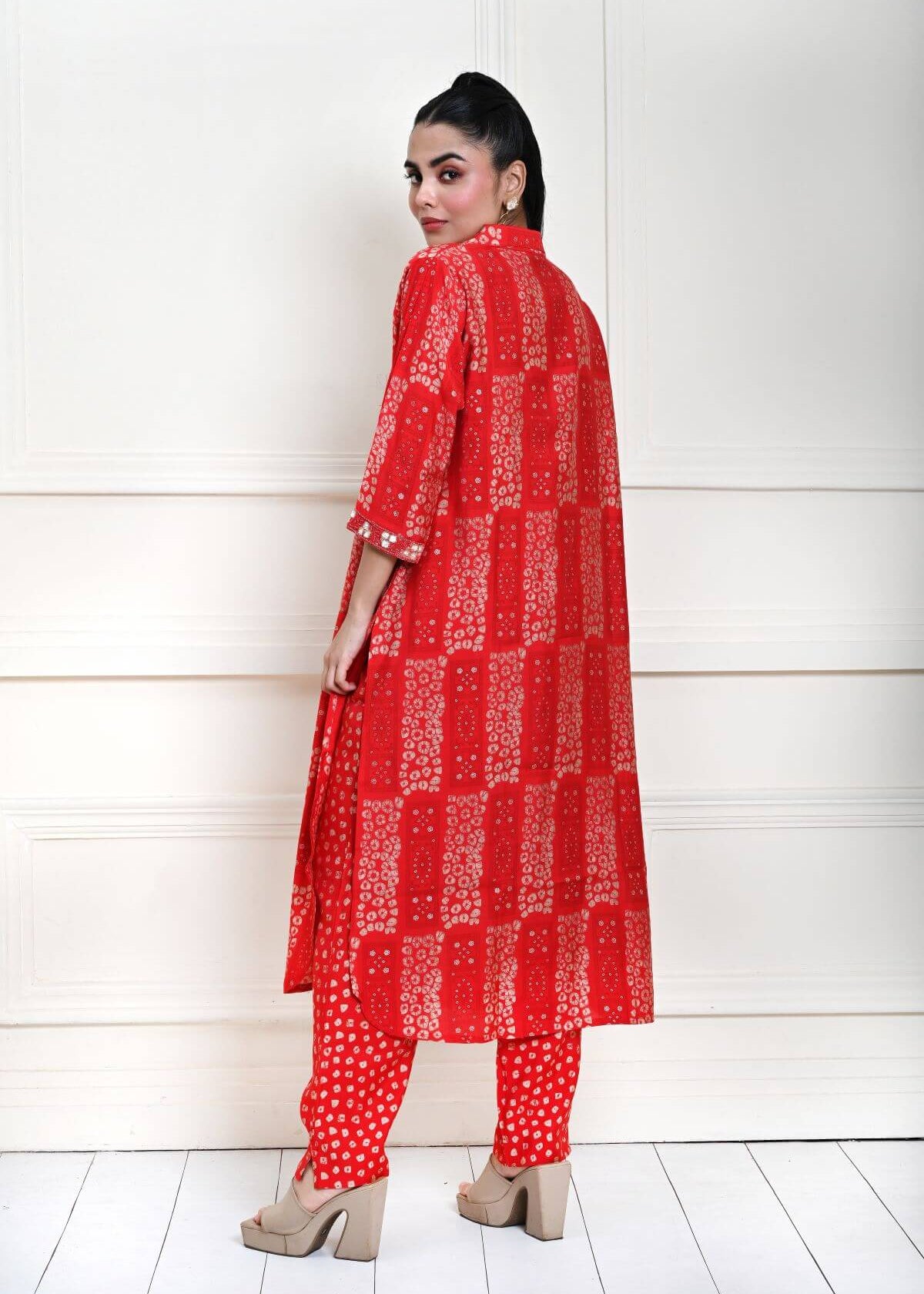 Red Cotton Printed Kurti Set