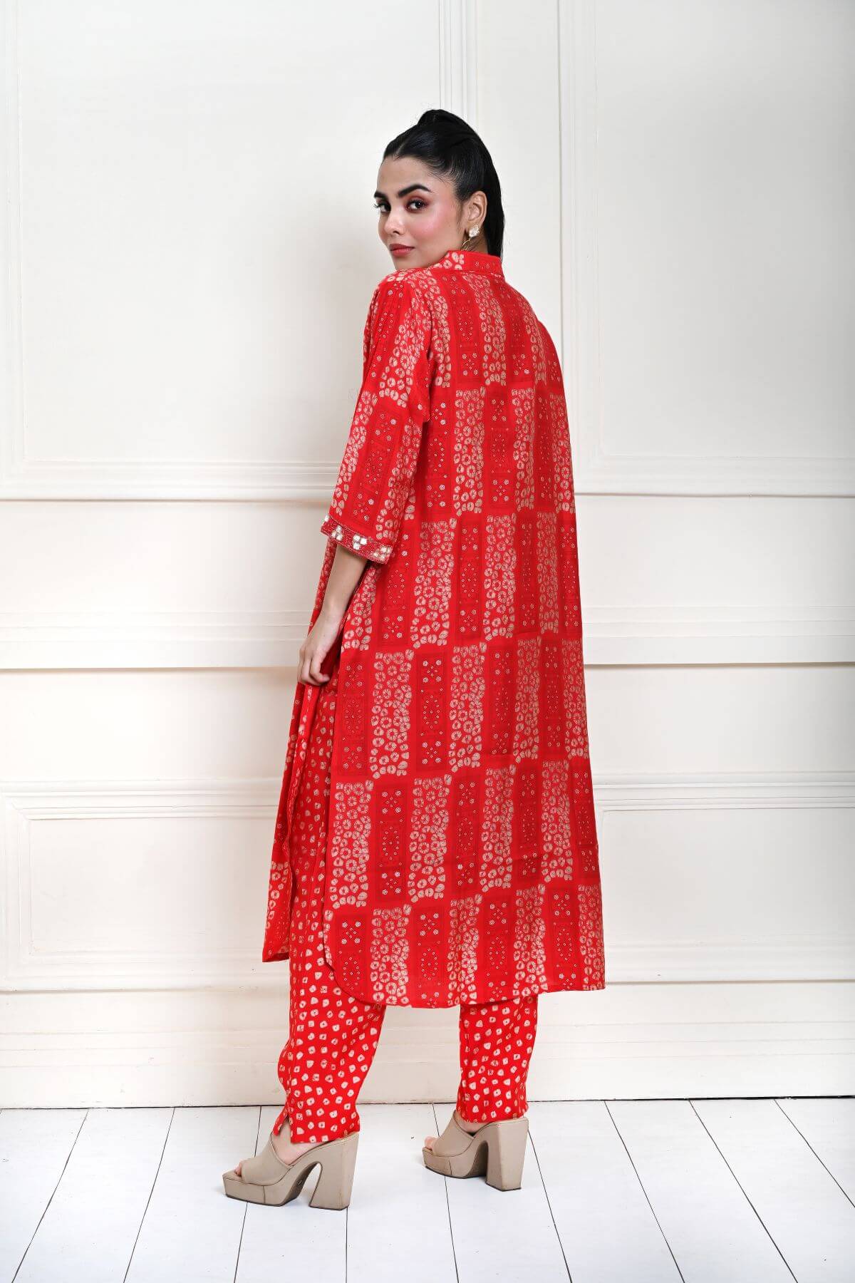 Red Cotton Printed Kurti Set