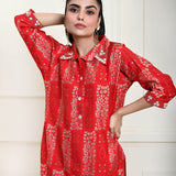 Red Cotton Printed Kurti Set