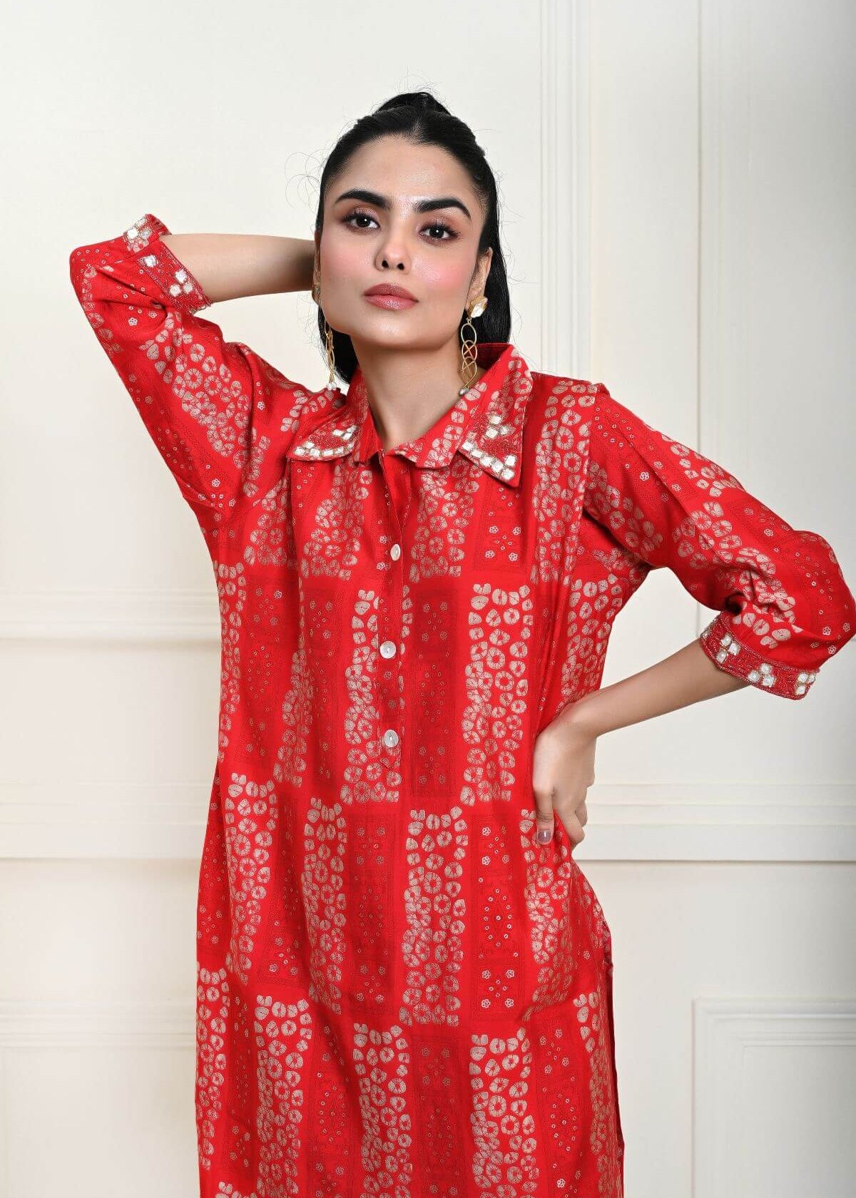 Red Cotton Printed Kurti Set