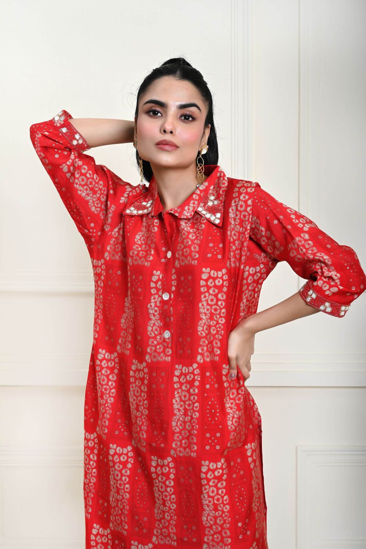 Red Cotton Printed Kurti Set