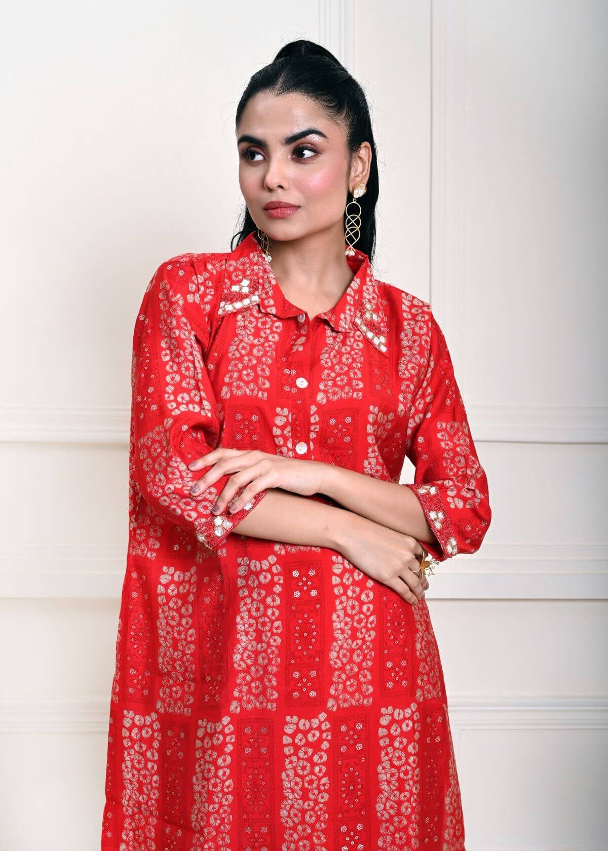 Red Cotton Printed Kurti Set