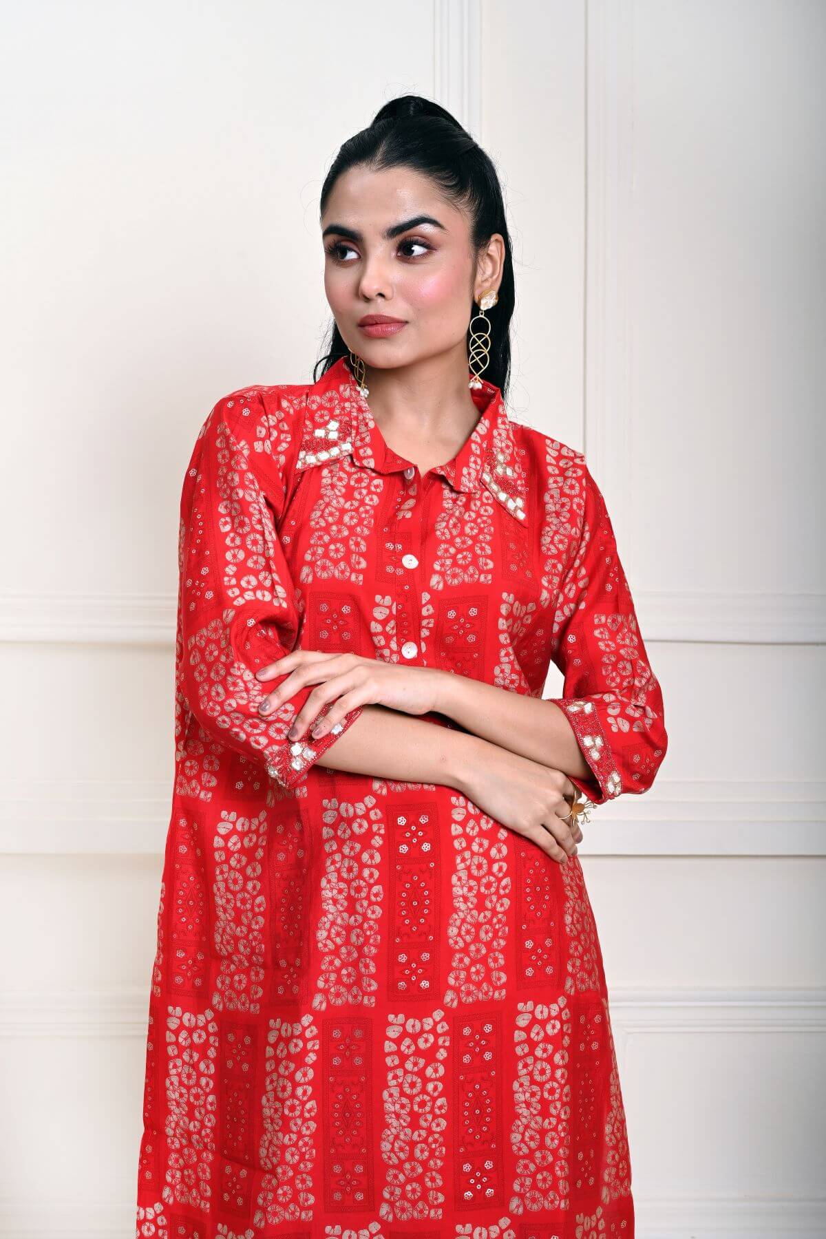 Red Cotton Printed Kurti Set