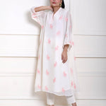 White Kaftan Kurti Set with Pink Floral Embroidery