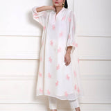 White Kaftan Kurti Set with Pink Floral Embroidery