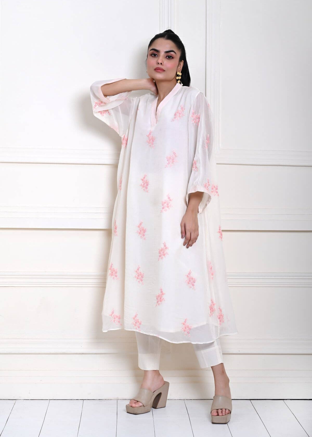 White Kaftan Kurti Set with Pink Floral Embroidery