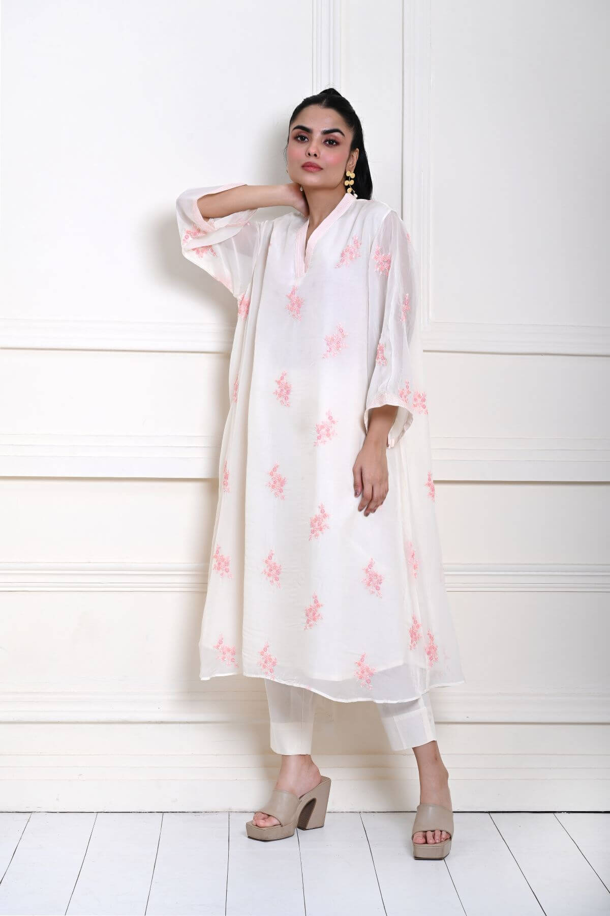 White Kaftan Kurti Set with Pink Floral Embroidery