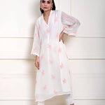 White Kaftan Kurti Set with Pink Floral Embroidery