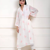 White Kaftan Kurti Set with Pink Floral Embroidery