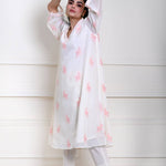 White Kaftan Kurti Set with Pink Floral Embroidery