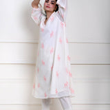 White Kaftan Kurti Set with Pink Floral Embroidery