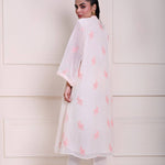 White Kaftan Kurti Set with Pink Floral Embroidery