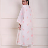 White Kaftan Kurti Set with Pink Floral Embroidery