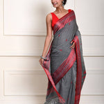 Grey Handloom Saree with Red Border and all-over Buta 
