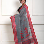 Grey Handloom Saree with Red Border and all-over Buta 
