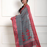 Grey Handloom Saree with Red Border and all-over Buta 
