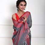 Grey Handloom Saree with Red Border and all-over Buta 
