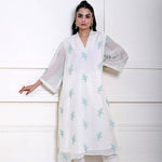 White Kaftan Kurti Set with Blue Floral Embroidery
