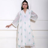 White Kaftan Kurti Set with Blue Floral Embroidery
