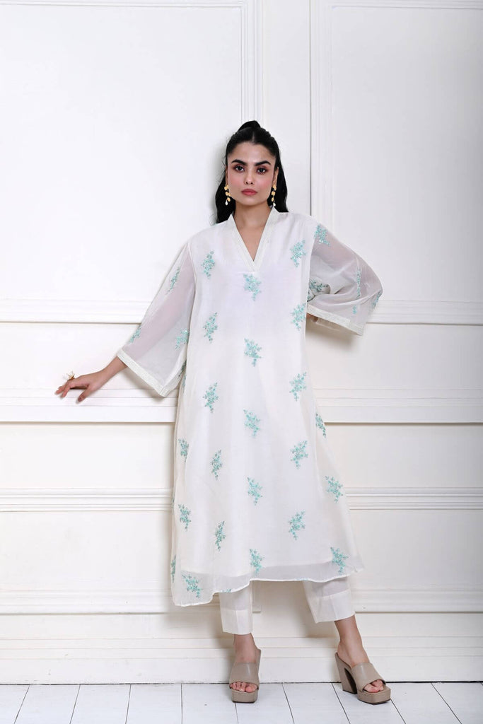 White Kaftan Kurti Set with Blue Floral Embroidery