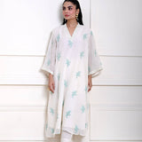 White Kaftan Kurti Set with Blue Floral Embroidery
