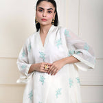 White Kaftan Kurti Set with Blue Floral Embroidery
