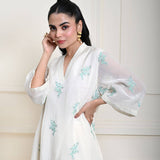 White Kaftan Kurti Set with Blue Floral Embroidery
