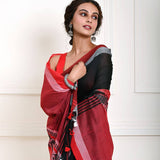 Black Handloom Saree with Red Border and Fish Motifs  