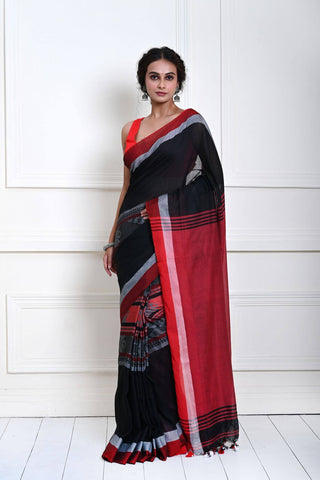 Black Handloom Saree with Red Border and Fish Motifs