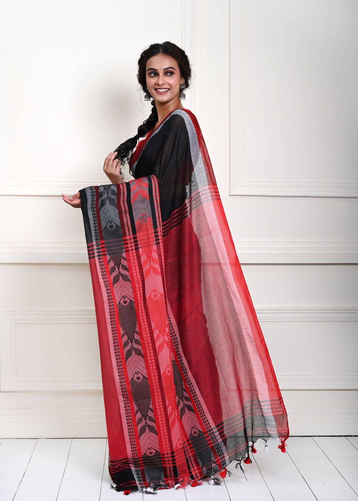 Black Handloom Saree with Red Border and Fish Motifs  