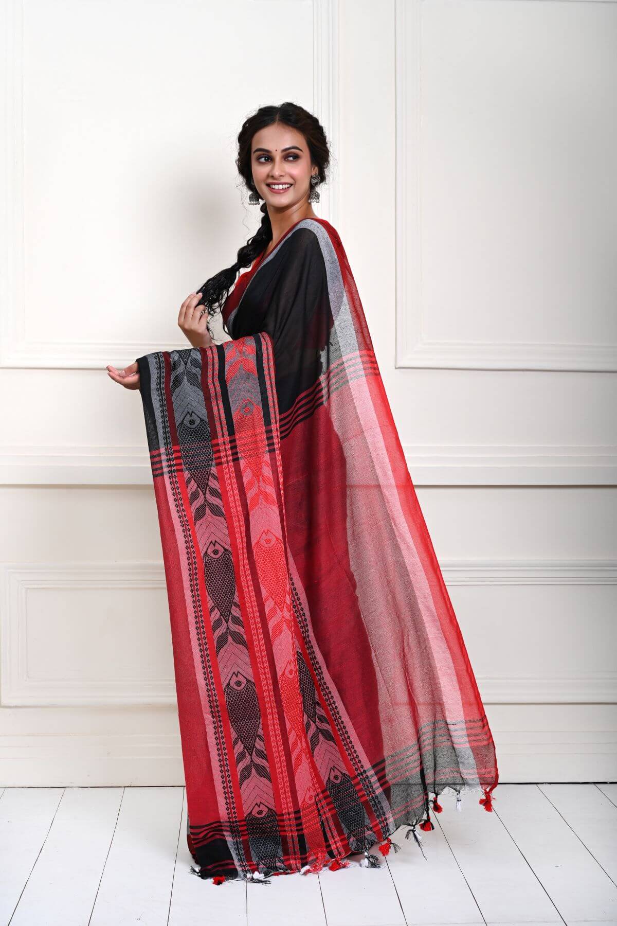 Black Handloom Saree with Red Border and Fish Motifs  