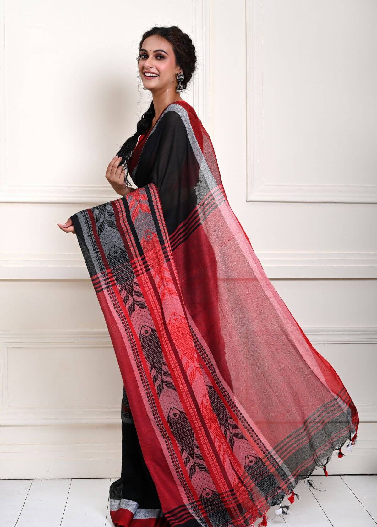 Black Handloom Saree with Red Border and Fish Motifs  